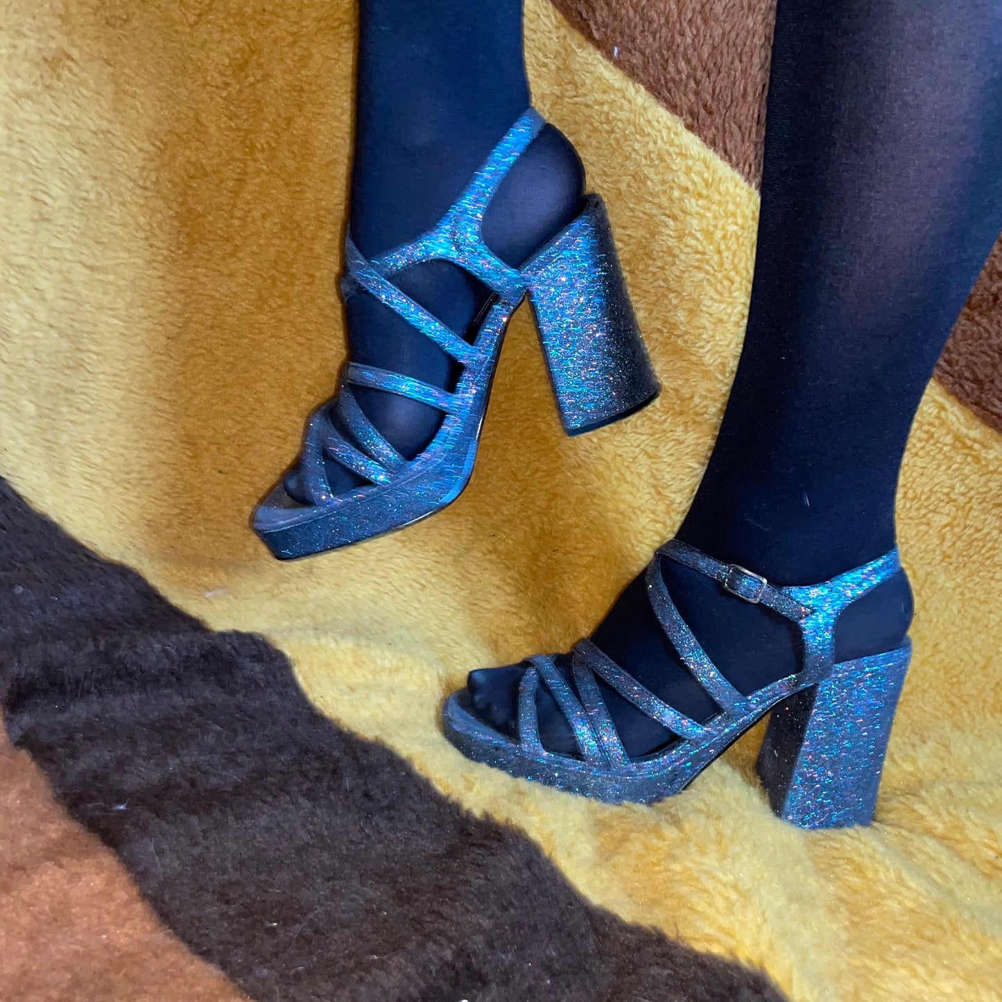 vtg 90s BLUE METALLIC PLATFORMS / vintage 70s style glitter disco chunky heels funky club kid dancing sparkly stacked pumps retro fairy us 8