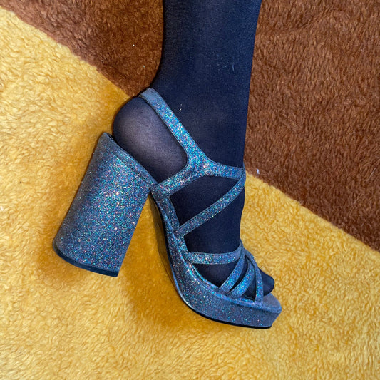 vtg 90s BLUE METALLIC PLATFORMS / vintage 70s style glitter disco chunky heels funky club kid dancing sparkly stacked pumps retro fairy us 8