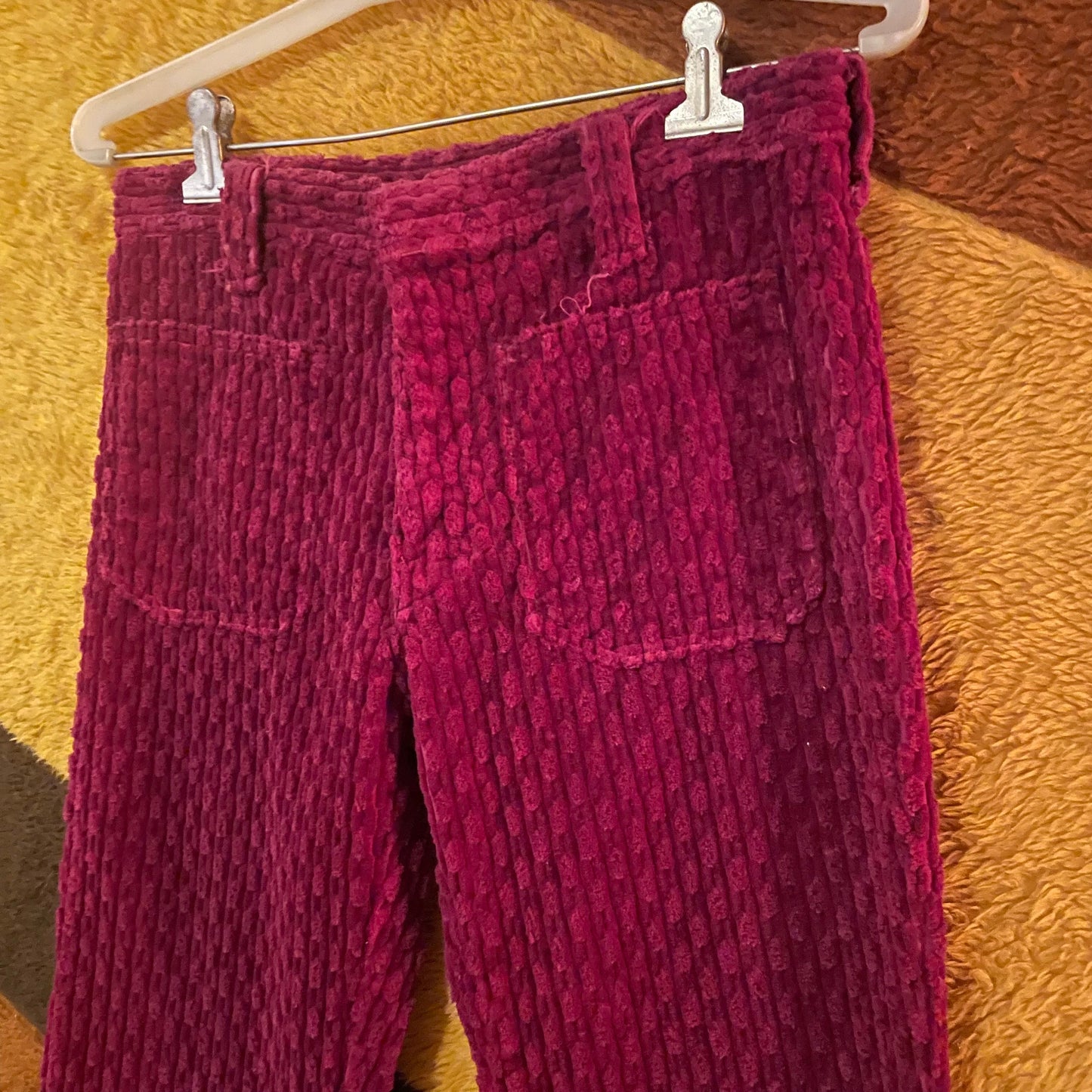 vtg 70s PURPLE CHENILLE PANTS // vintage front pocket flares ribbed textured hip huggers retro hippie mod mid rise velvet glam rock stylist