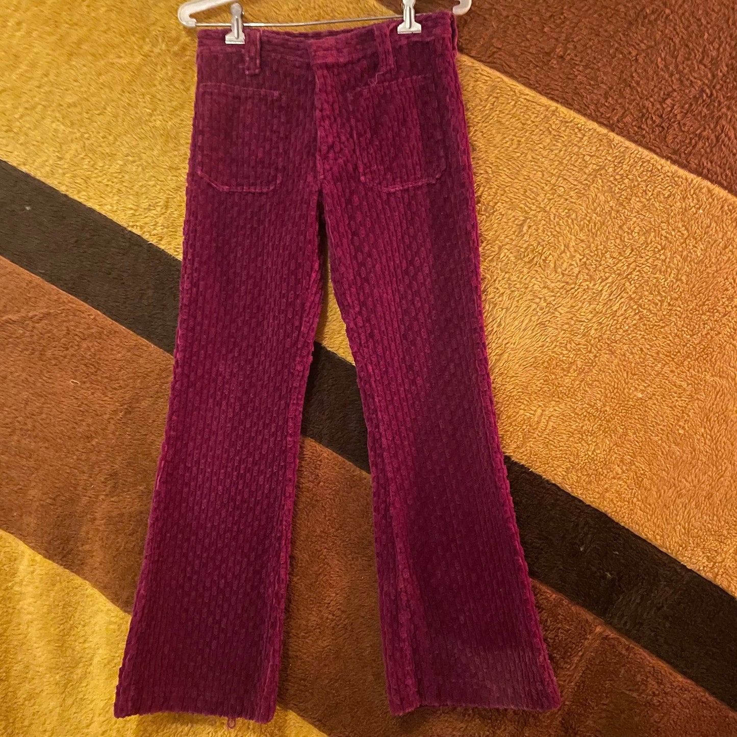 vtg 70s PURPLE CHENILLE PANTS // vintage front pocket flares ribbed textured hip huggers retro hippie mod mid rise velvet glam rock stylist