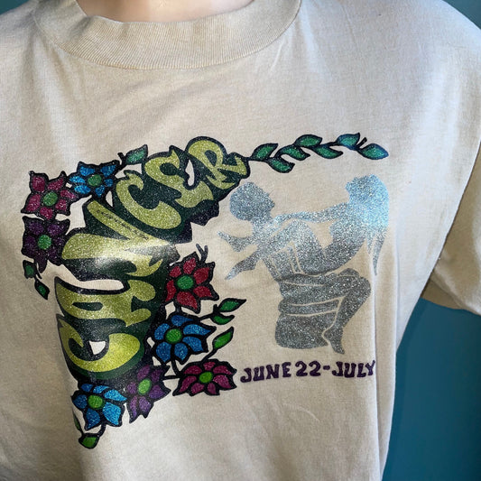 vtg 70s CANCER ZODIAC SIGN Shirt // vintage sportswear xl glitter iron on retro crab sexual position chart horoscope spiritual soft tshirt