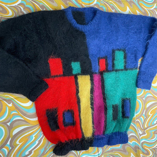 vtg 80s BRIGHT FUZZY MOHAIR Sweater // vintage shaggy neon geometric print furry contrast city skyline scene bright funky retro colorway xl