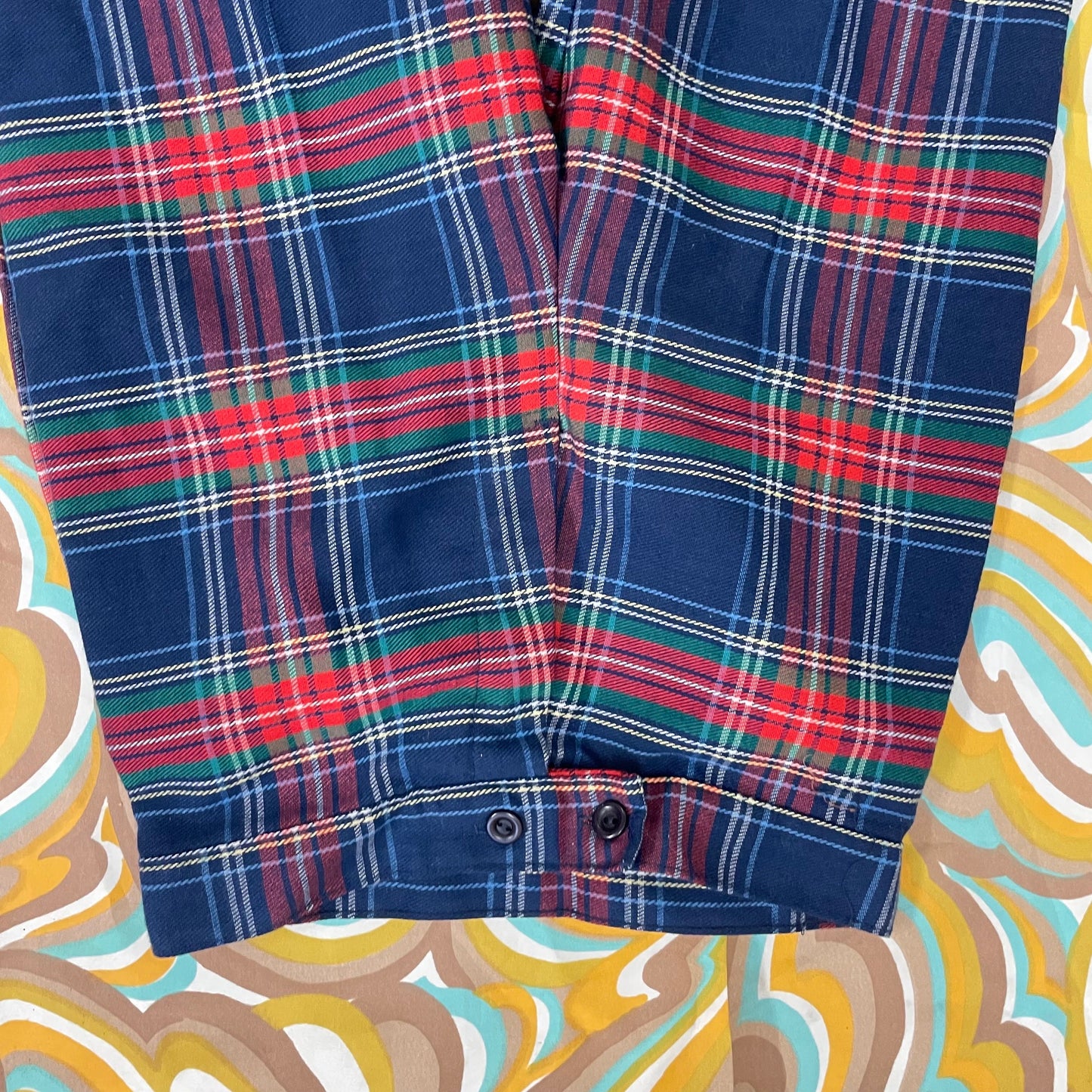 vtg 70s PLAID BELL BOTTOMS // vintage womens pants size 24 blue red plaid high rise hippie bare back mod psychedelic wide leg kick flares