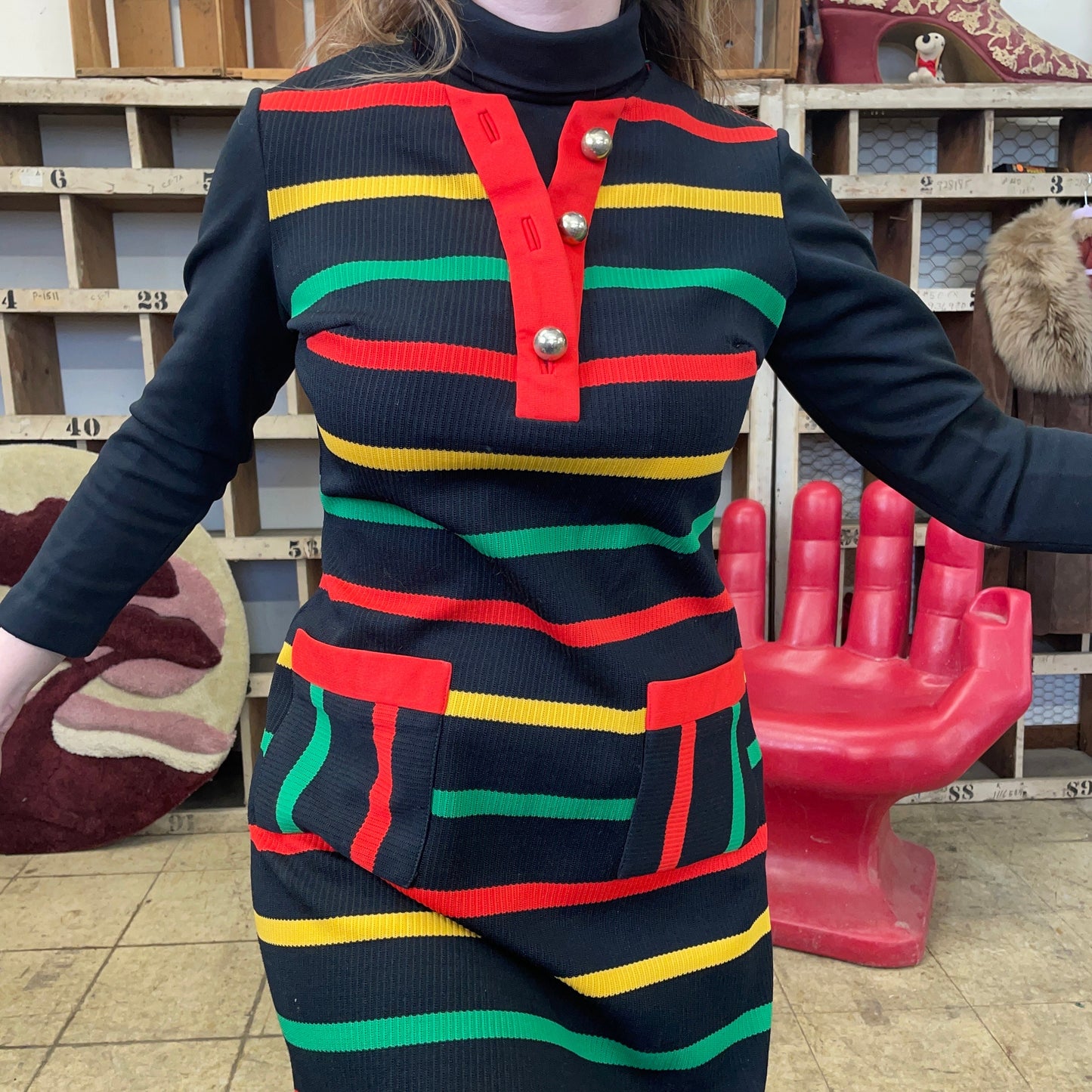 vtg 60s MOD COLOR STRIPE dress // black primary colors striped dress with pockets Ronterri 70s retro bright funky mini dress xray loud print