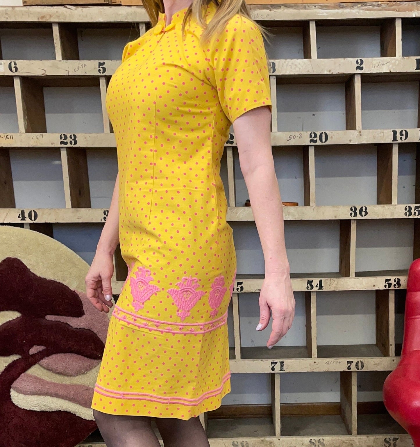 vtg 60s YELLOW POLKA DOT bright pink midi dress // embroidery sheath dress easter cotton pastel mini mod cute cartoon print summer fair sea