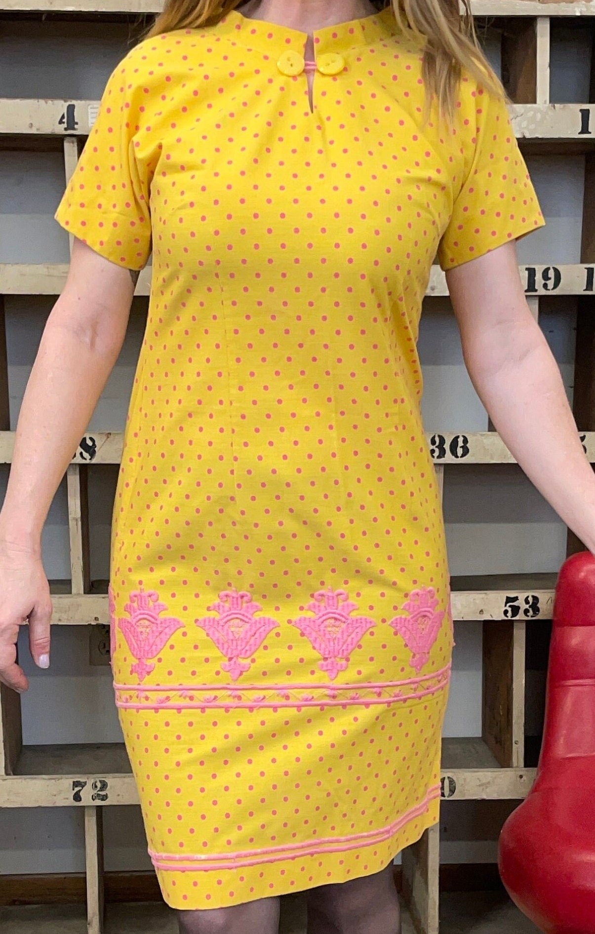 vtg 60s YELLOW POLKA DOT bright pink midi dress // embroidery sheath dress easter cotton pastel mini mod cute cartoon print summer fair sea