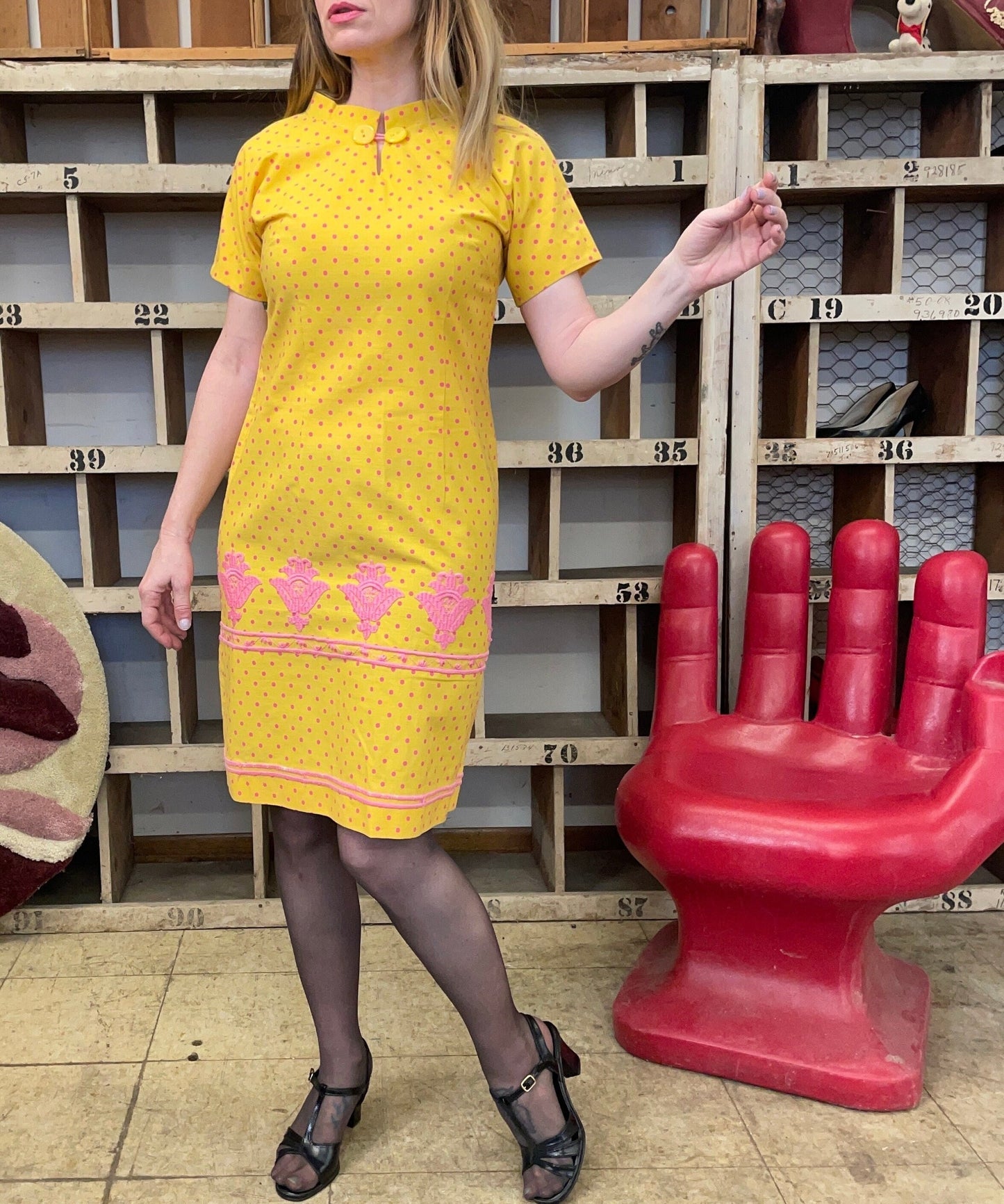 vtg 60s YELLOW POLKA DOT bright pink midi dress // embroidery sheath dress easter cotton pastel mini mod cute cartoon print summer fair sea