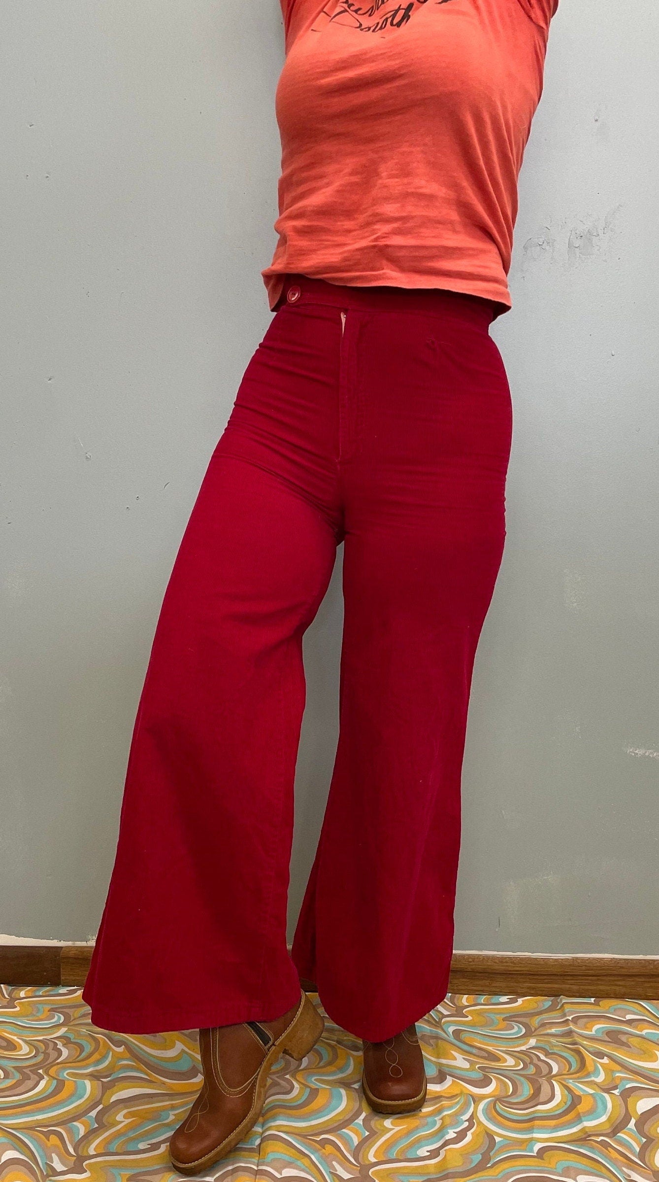 vtg 70s BELLBOTTOMS // super high waisted corduroy bell bottom pants elephant bells mega wide leg slacks red trousers hippie boho autumn fit