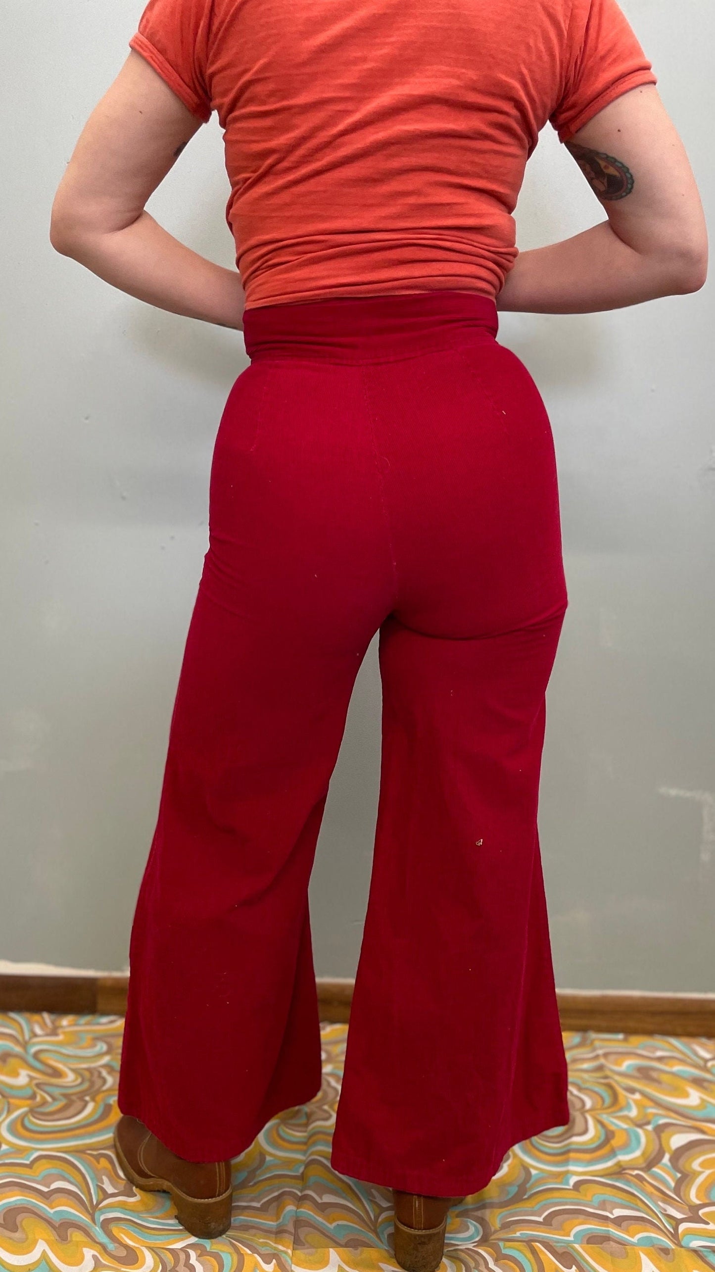 vtg 70s BELLBOTTOMS // super high waisted corduroy bell bottom pants elephant bells mega wide leg slacks red trousers hippie boho autumn fit