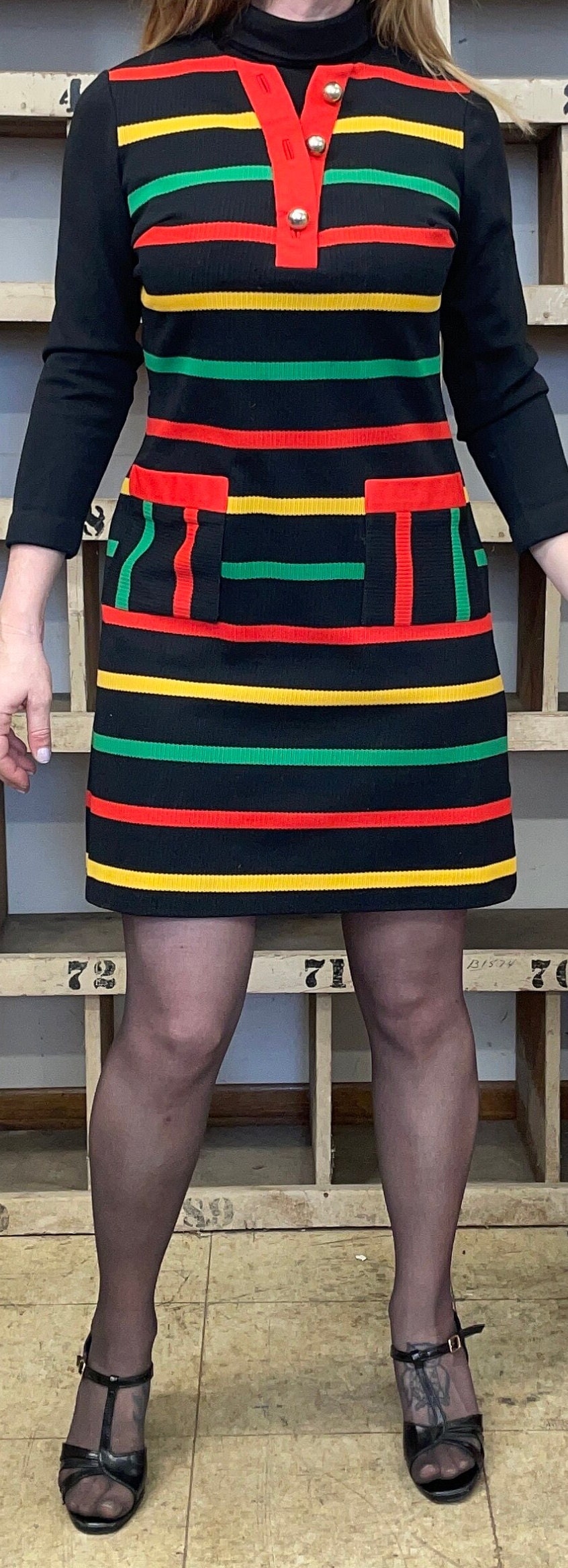 vtg 60s MOD COLOR STRIPE dress // black primary colors striped dress with pockets Ronterri 70s retro bright funky mini dress xray loud print