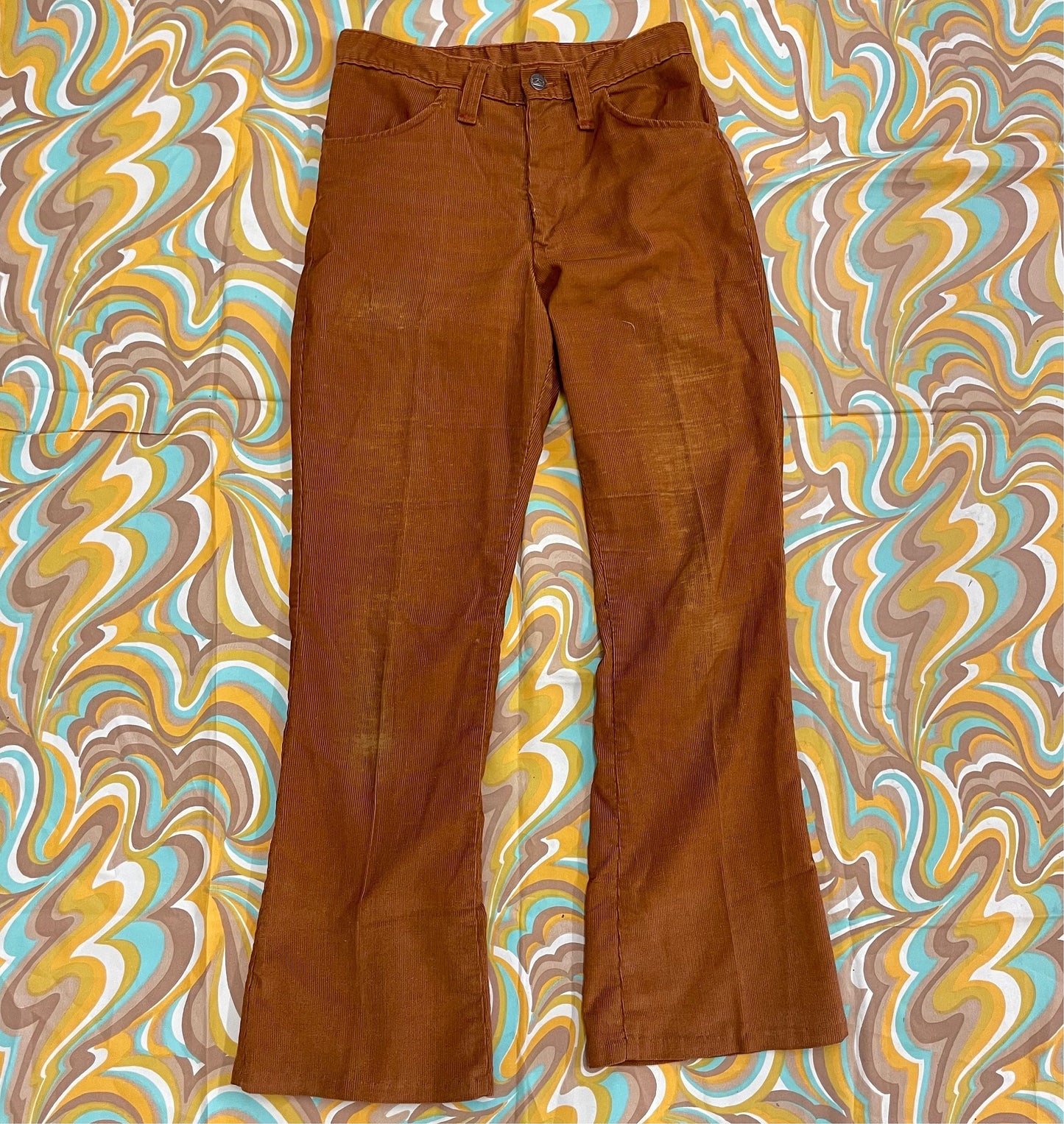 vtg 70s BROWN SEARS CORDUROY pants 27 wasit // distressed kings road mens flare boot cut wide leg hippie grunge jeans cut style rock disco