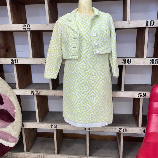 vtg 60s MOD MINI DRESS // vintage op art space age pastel green & white mod mini jacket scooter dress set retro trippy psychedelic pattern