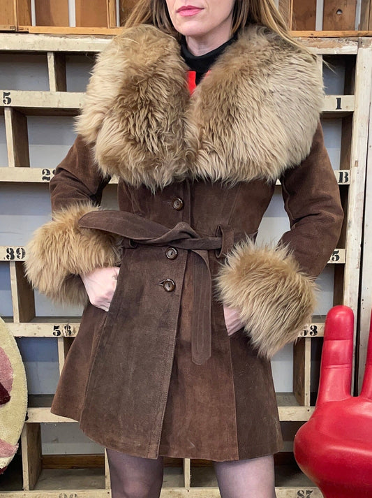 vtg 60s PENNY LANE COAT // vintage oversized collar & cuffs chocolate brown belted suede stroller coat statement piece winter glam fashion