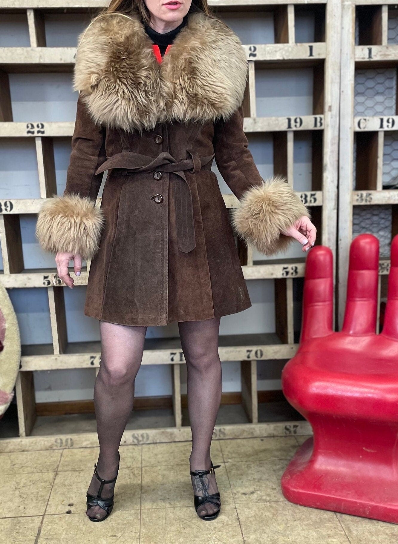 vtg 60s PENNY LANE COAT // vintage oversized collar & cuffs chocolate brown belted suede stroller coat statement piece winter glam fashion