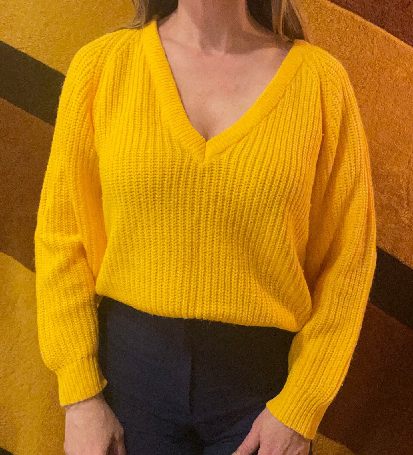 vtg 80s CANARY Yellow V NECK Sweater // vintage womens oversized slouchy cropped sweater baggy fit off one shoulder bright funky 80s top