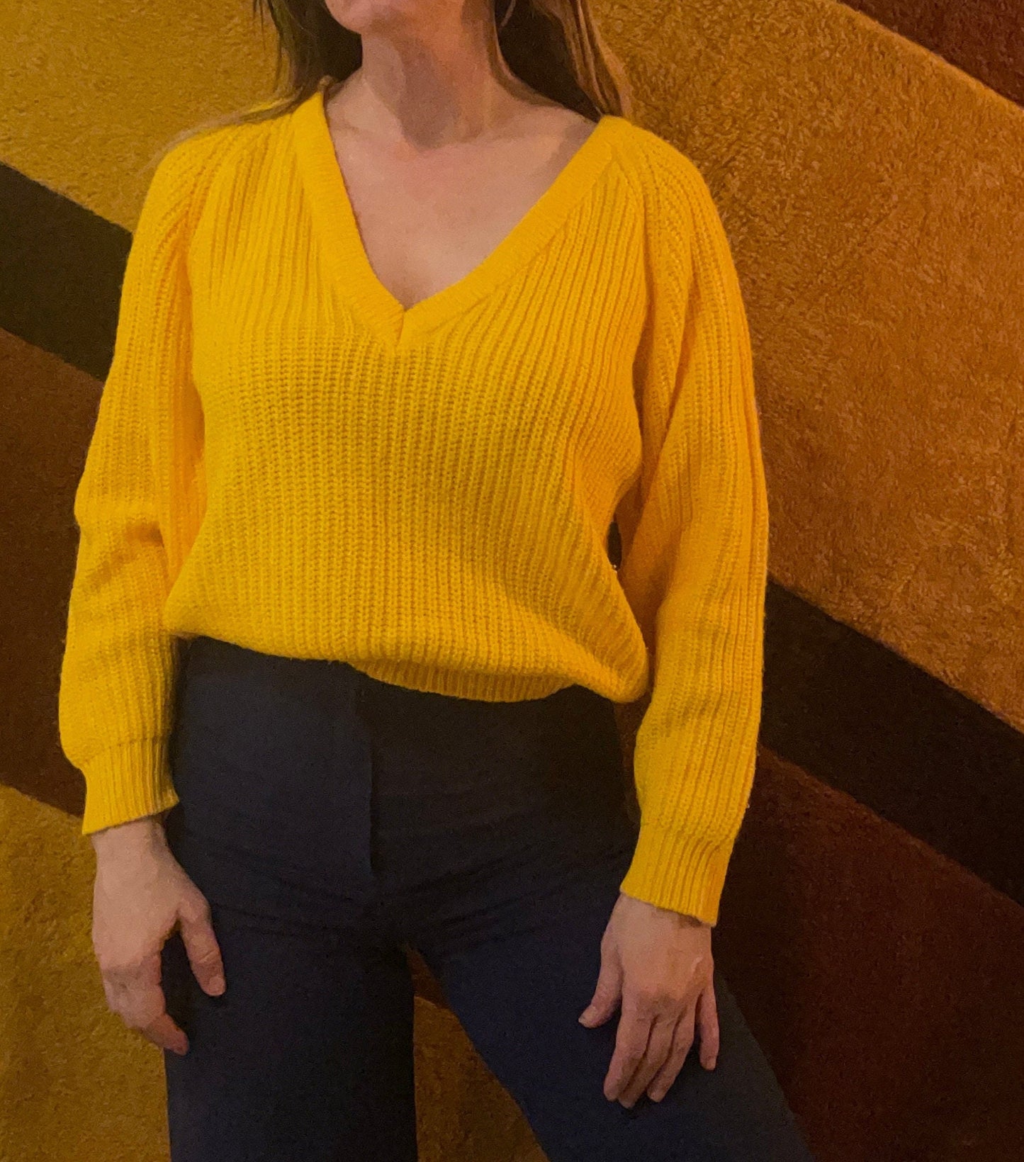 vtg 80s CANARY Yellow V NECK Sweater // vintage womens oversized slouchy cropped sweater baggy fit off one shoulder bright funky 80s top