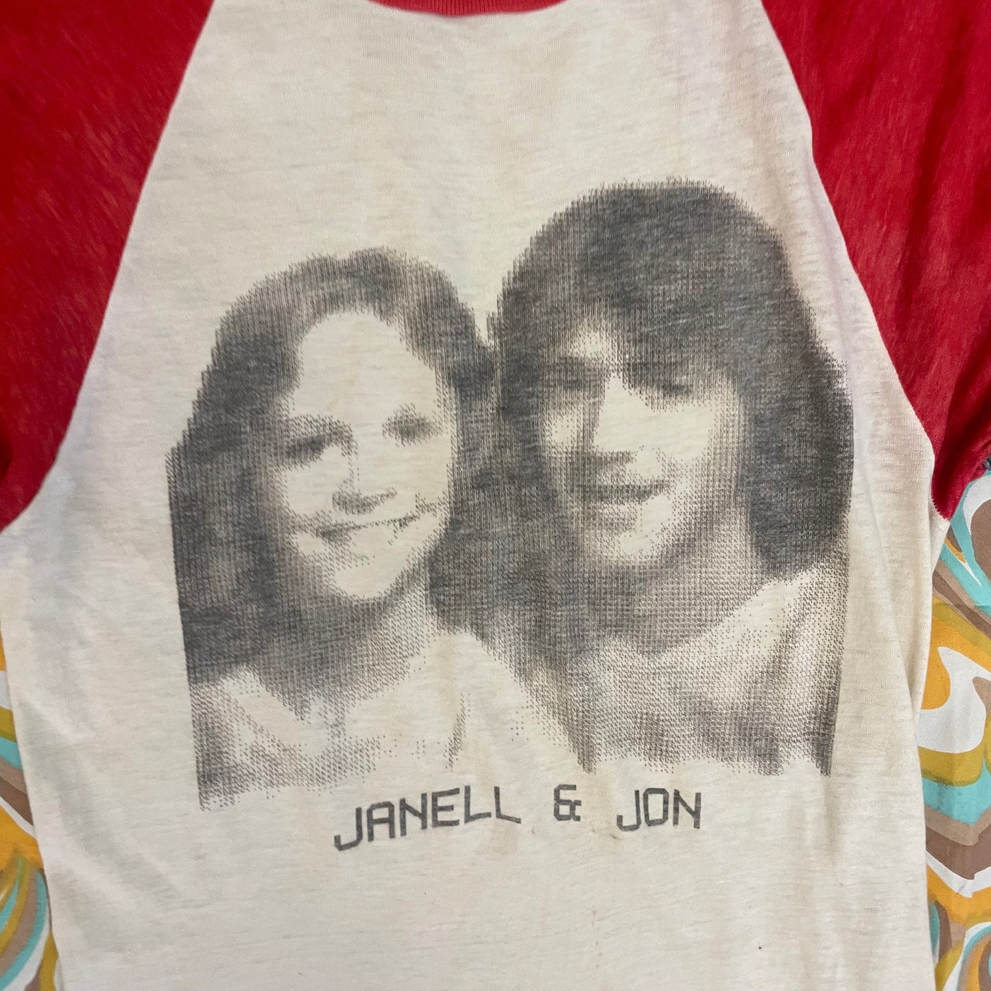 vtg 70s FACES PHOTO PIXEL booth /vintage champion blue bar medium art real couples carnival souvenir striped raglan retro ringer shirt