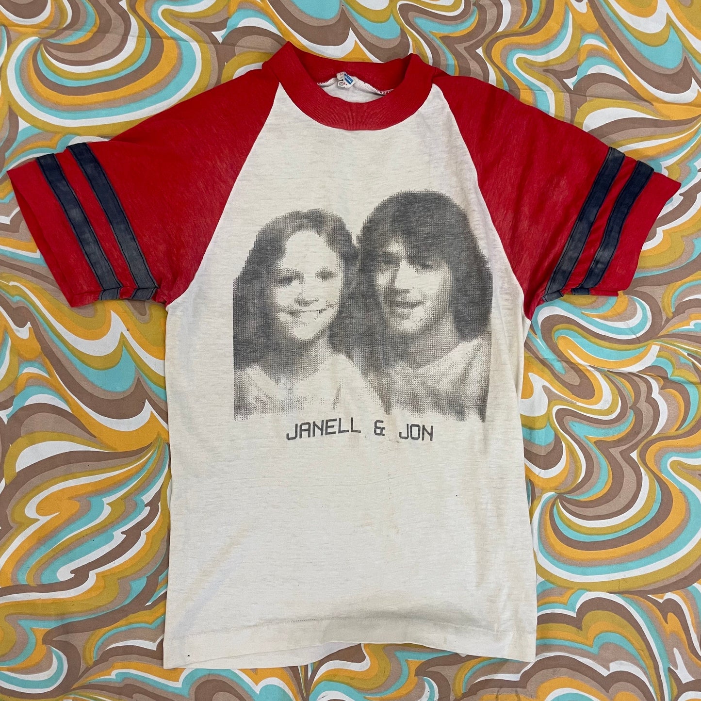 vtg 70s FACES PHOTO PIXEL booth /vintage champion blue bar medium art real couples carnival souvenir striped raglan retro ringer shirt