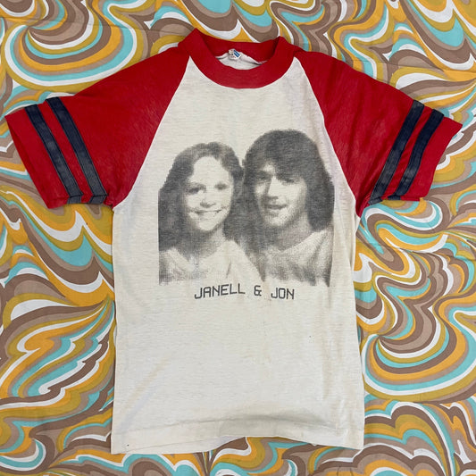 vtg 70s FACES PHOTO PIXEL booth /vintage champion blue bar medium art real couples carnival souvenir striped raglan retro ringer shirt