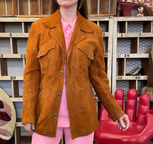 vtg 70s BUCKSKIN LEATHER JACKET // vintage akta getskinn soft suede western style ranch wear hippie unique structured autumn blazer tan coat