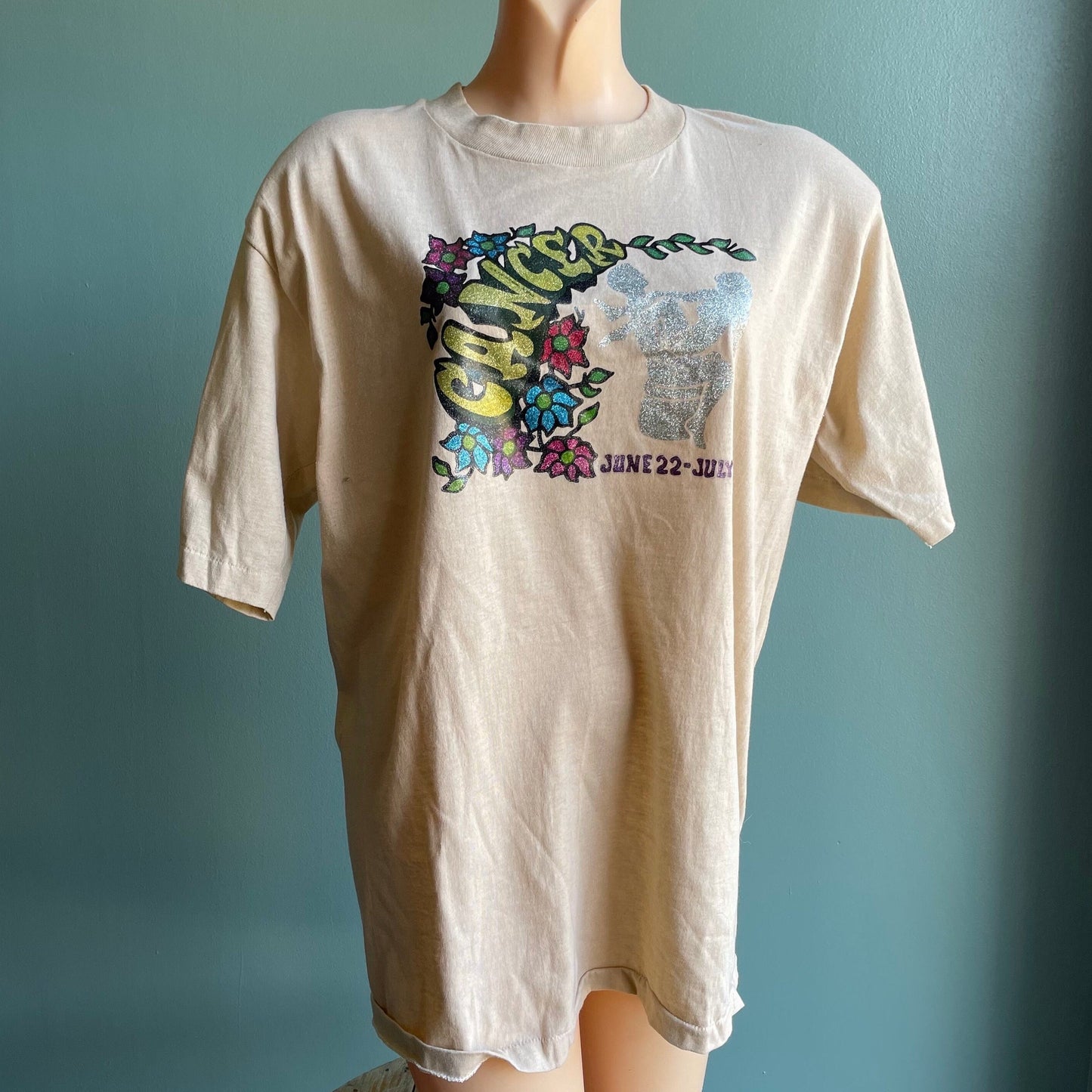 vtg 70s CANCER ZODIAC SIGN Shirt // vintage sportswear xl glitter iron on retro crab sexual position chart horoscope spiritual soft tshirt