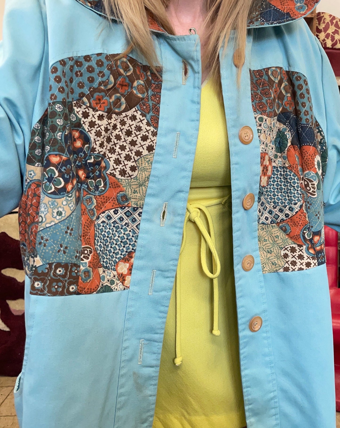 vtg 70s HOODED PATCHWORK JACKET // vintage pastel blue hippie boho autumn style lightweight coat parka womens large hoodie kitschy jacket
