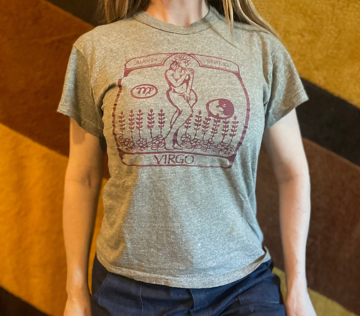 vtg 70s ZODIAC VIRGO TSHIRT // french cut horoscope iron on graphic tee distressed grey hippie new age celestial soft thin graphic tee