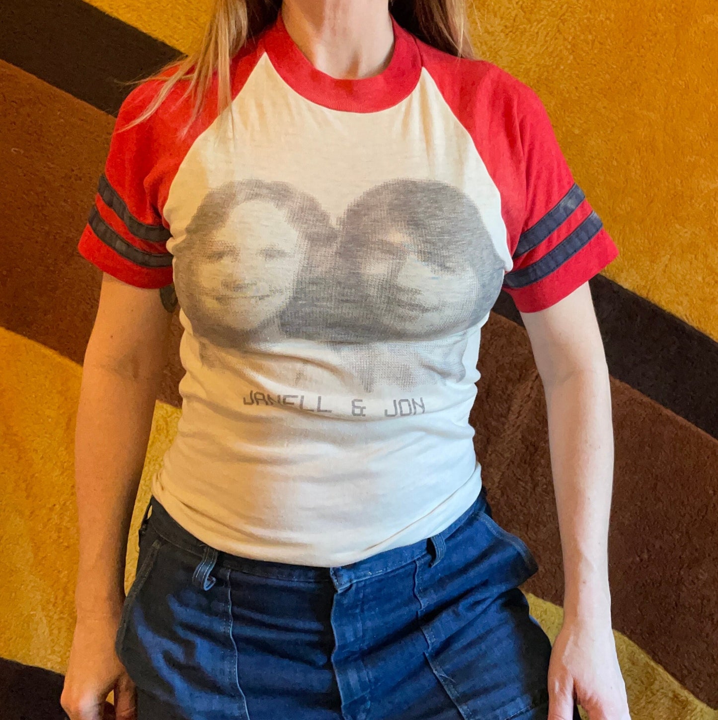 vtg 70s FACES PHOTO PIXEL booth /vintage champion blue bar medium art real couples carnival souvenir striped raglan retro ringer shirt