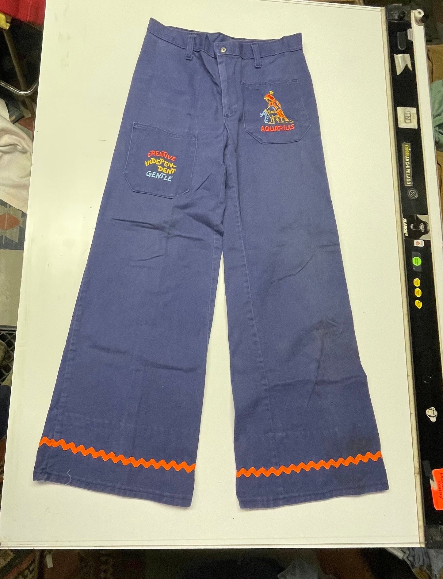 vtg 70s AQUARIUS BELLBOTTOMS // zodiac horoscope embroidered bellbottom jeans mid high rise ric rac wide leg indigo denim flare pants hippie