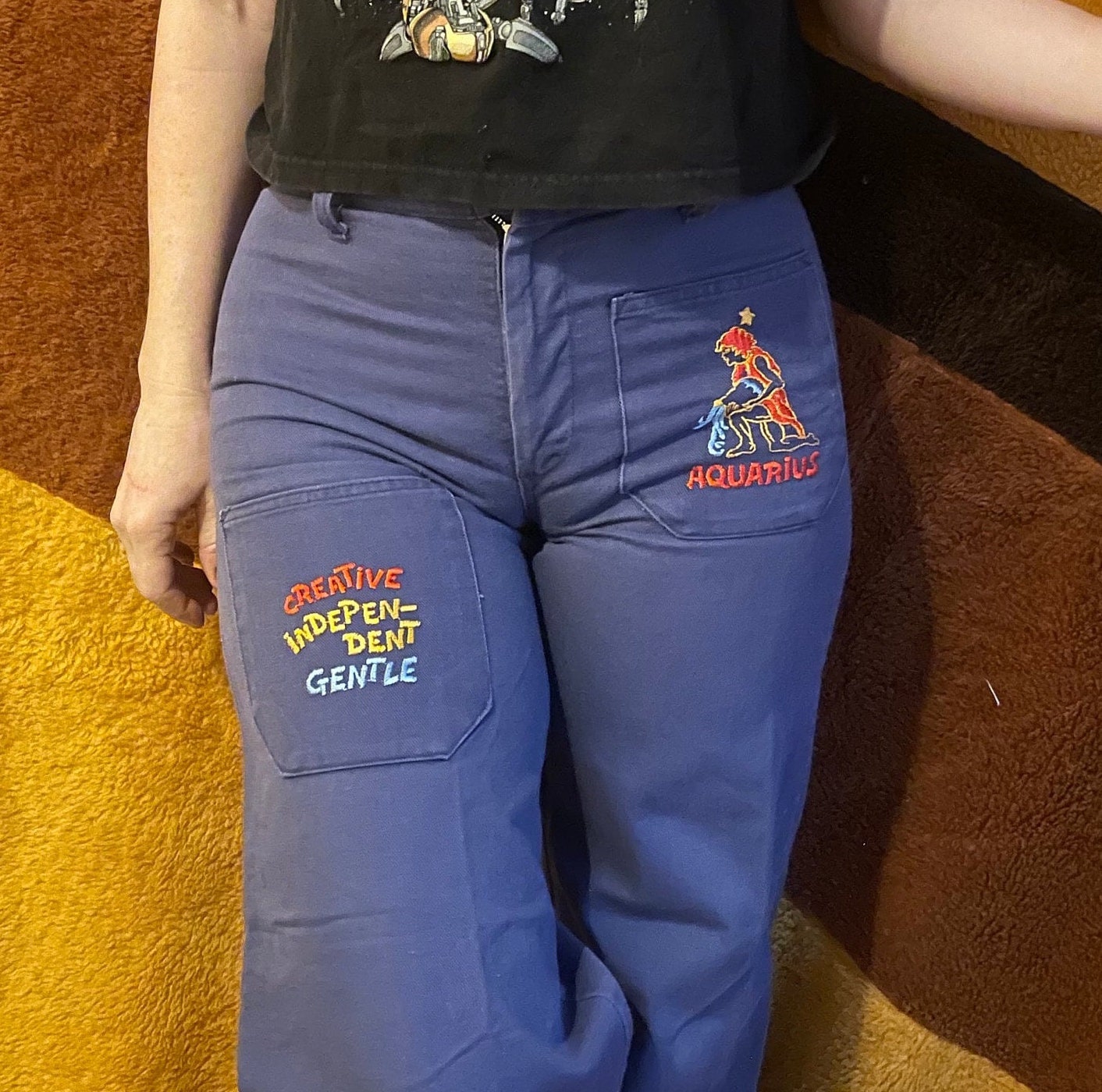 vtg 70s AQUARIUS BELLBOTTOMS // zodiac horoscope embroidered bellbottom jeans mid high rise ric rac wide leg indigo denim flare pants hippie