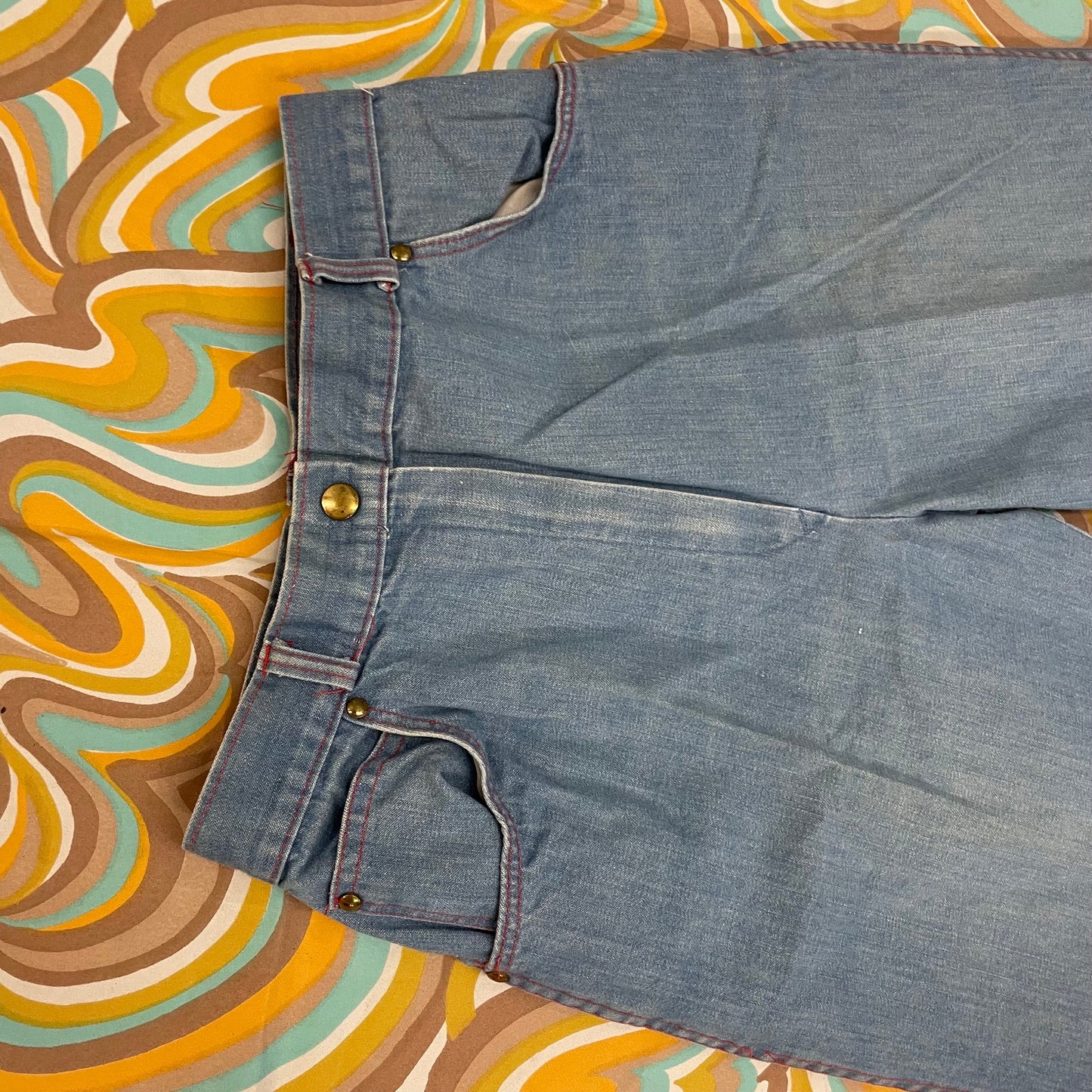 vtg 70s BELL BOTTOMS JEANS // ric rac embroidered wide leg jeans pastel spring hippie med light wash high waisted flare pants boot cut 60s