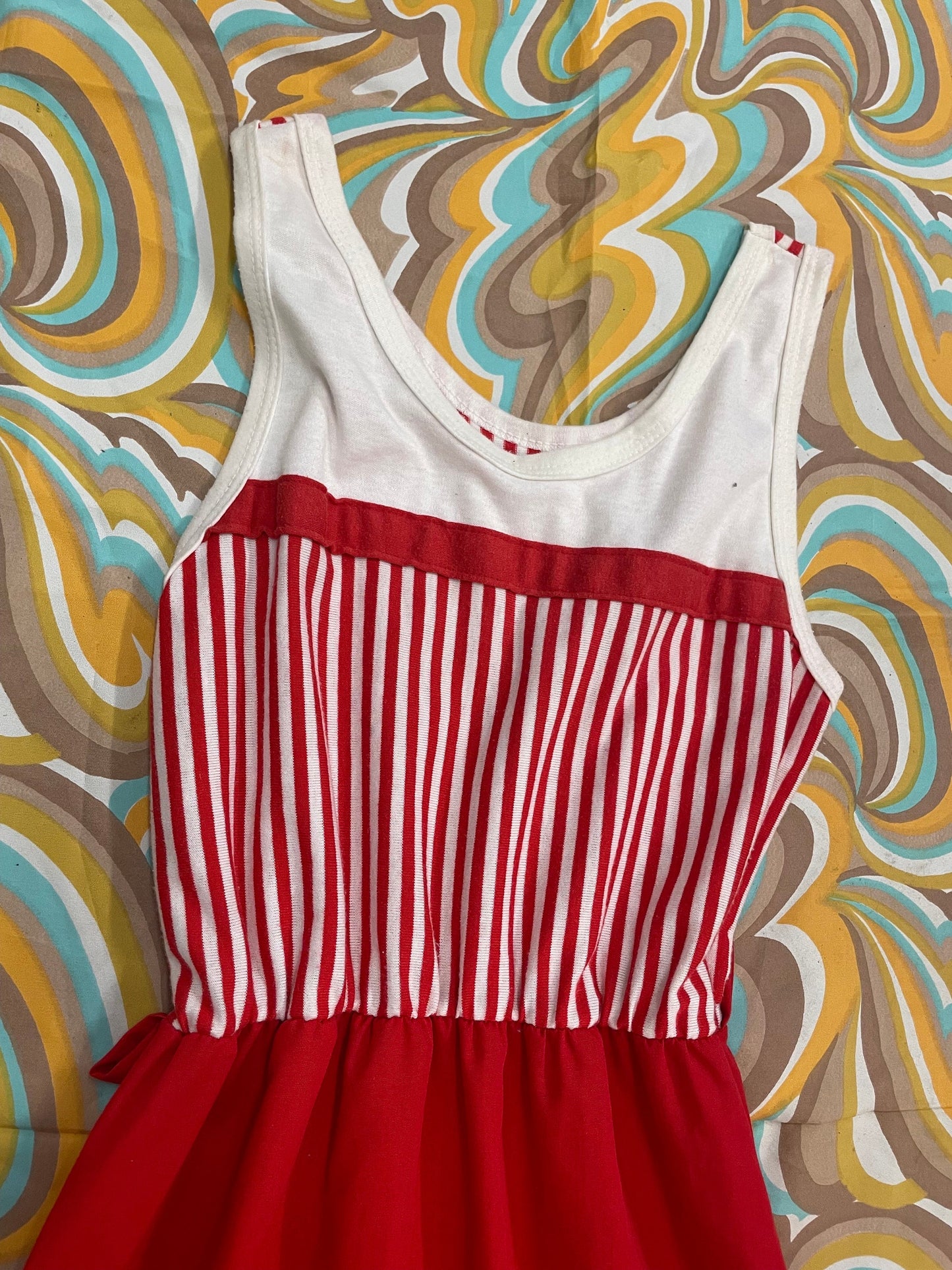 vtg 70s CANDY STRIPER DRESS // summer tank dress casual red white striped cute kitschy retro fit n flare with belt loops casual secretary