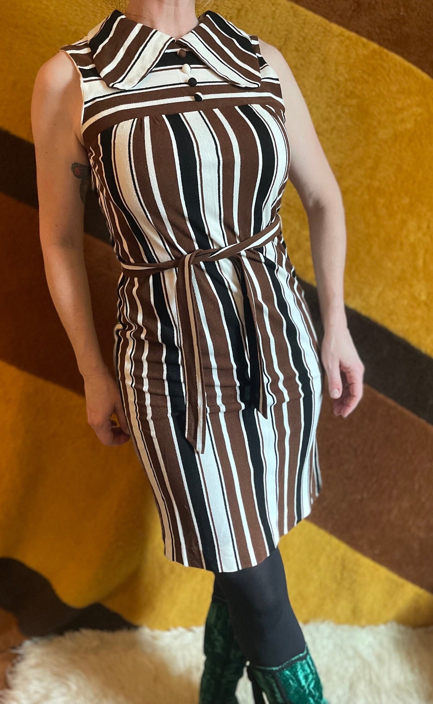 vtg 60s MOD STRIPES DRESS / pointy collar belted shift dress faux terrycloth tri tone black brown white mini dress beagle dog ear collar 70s