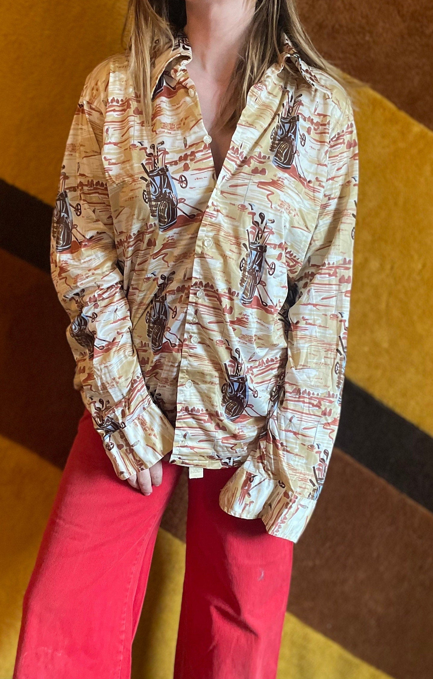 vtg 70s BURMA POLY TOP // psychedelic Golf print button down blouse Pointy Collar Retro aop print disco ball club dance slay retro costume