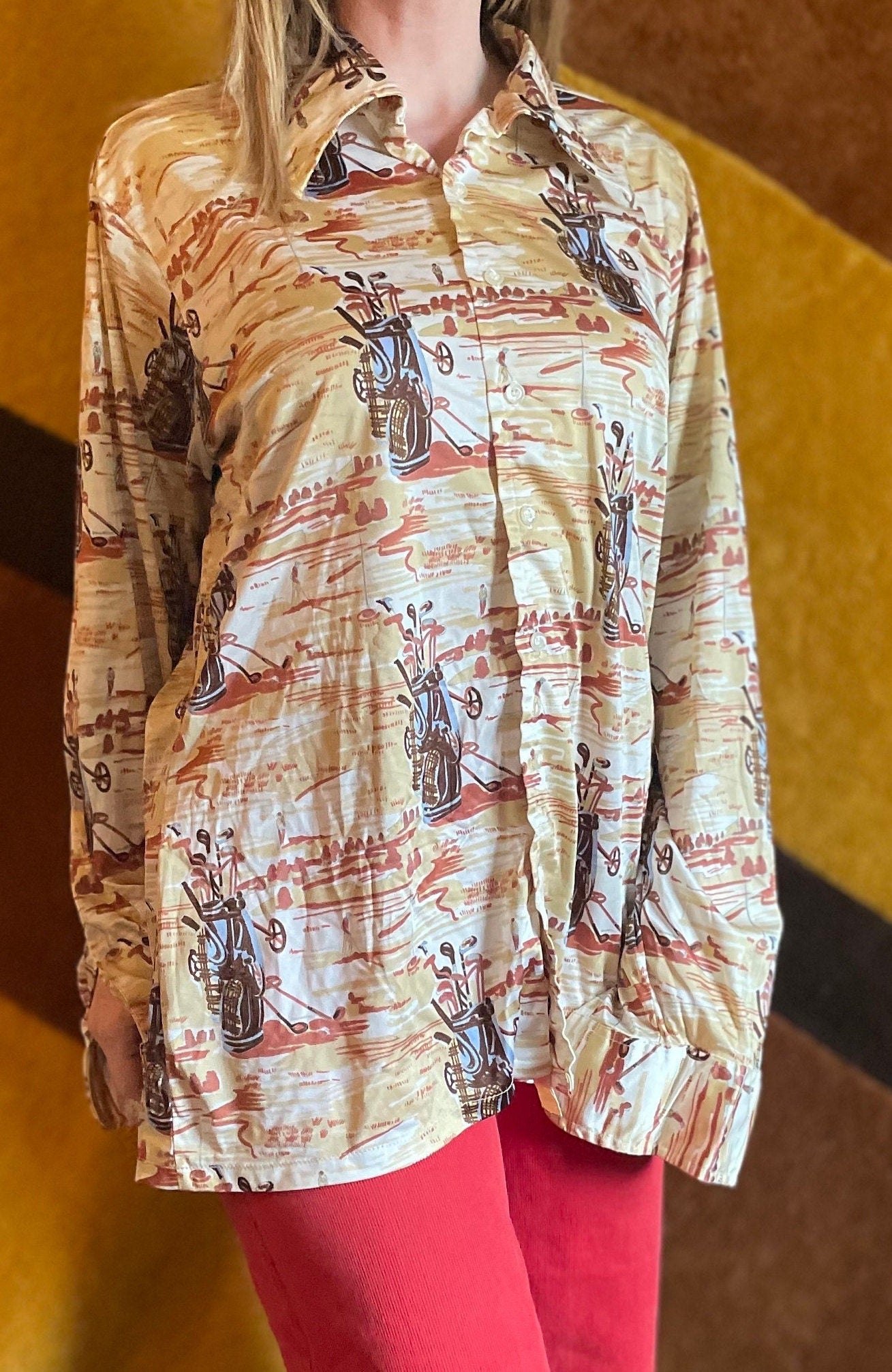 vtg 70s BURMA POLY TOP // psychedelic Golf print button down blouse Pointy Collar Retro aop print disco ball club dance slay retro costume