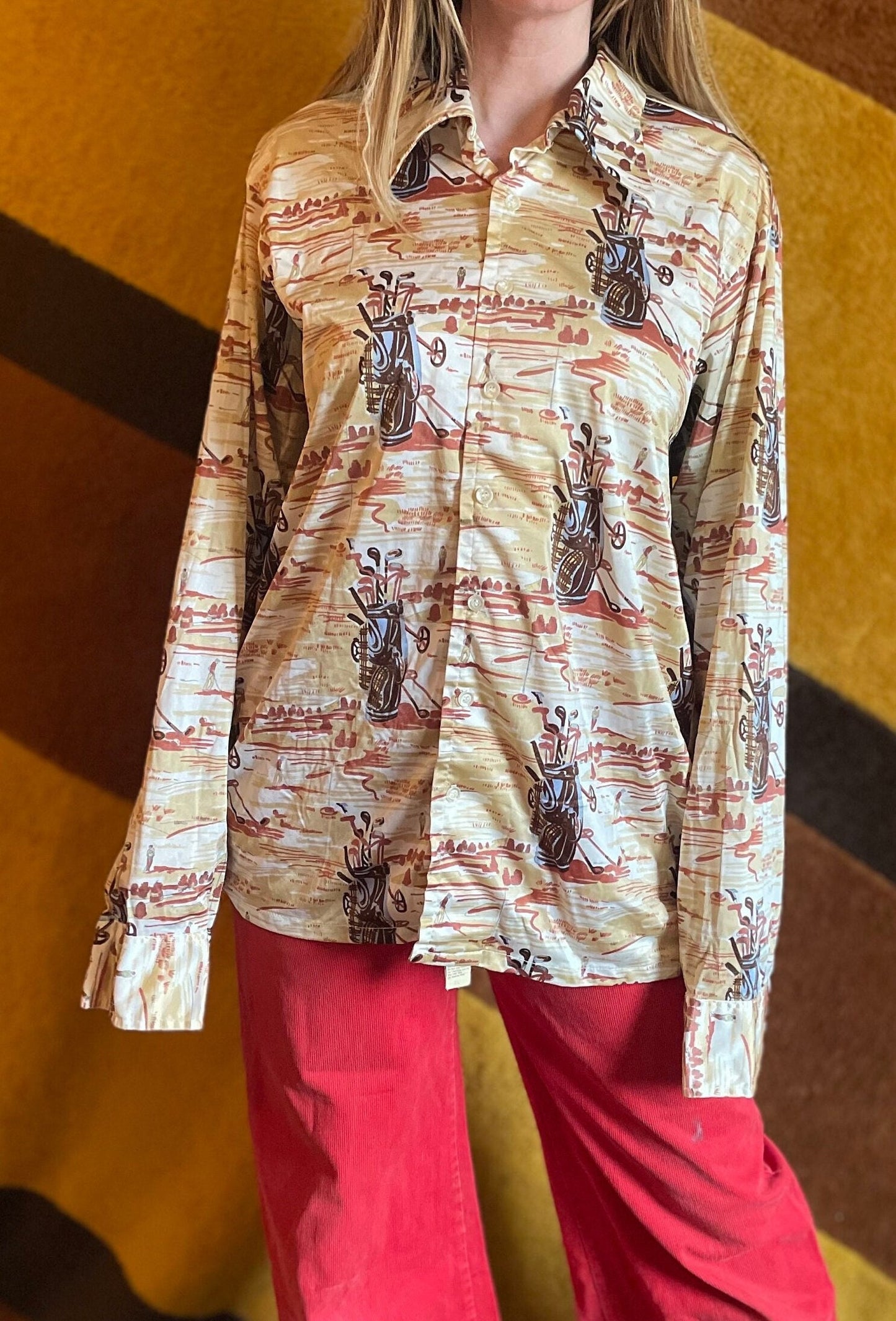 vtg 70s BURMA POLY TOP // psychedelic Golf print button down blouse Pointy Collar Retro aop print disco ball club dance slay retro costume