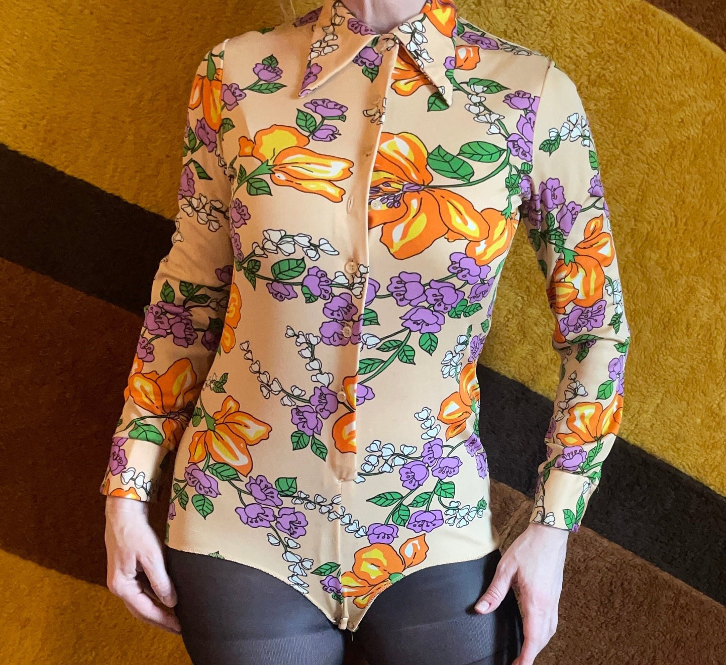 vtg 70s FLORAL BODYSUIT psychedelic top // long sleeve collared unitard look undershirt bright funky mod hippie kitschy retro spring romper