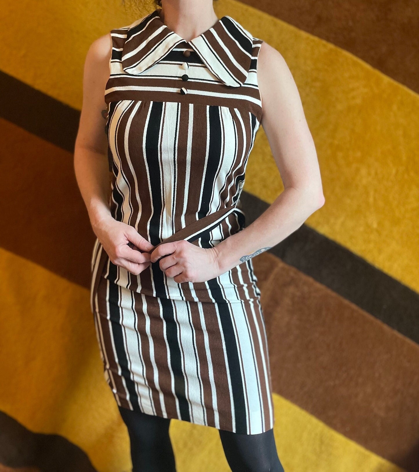 vtg 60s MOD STRIPES DRESS / pointy collar belted shift dress faux terrycloth tri tone black brown white mini dress beagle dog ear collar 70s