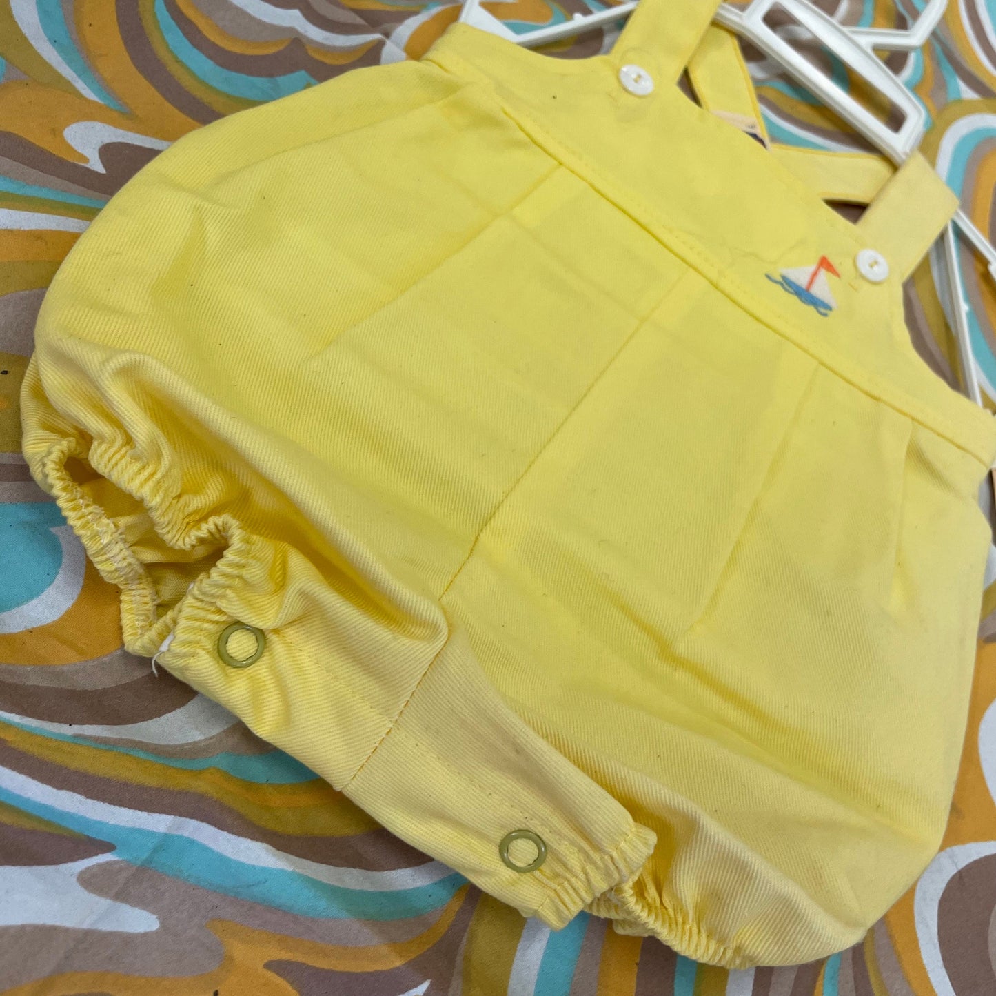 vtg 70s SAILBOAT BABY OVERALLS // vintage 12 month yellow bubble onesie cute unisex nautical infant outfit snap up retro autumn layers style