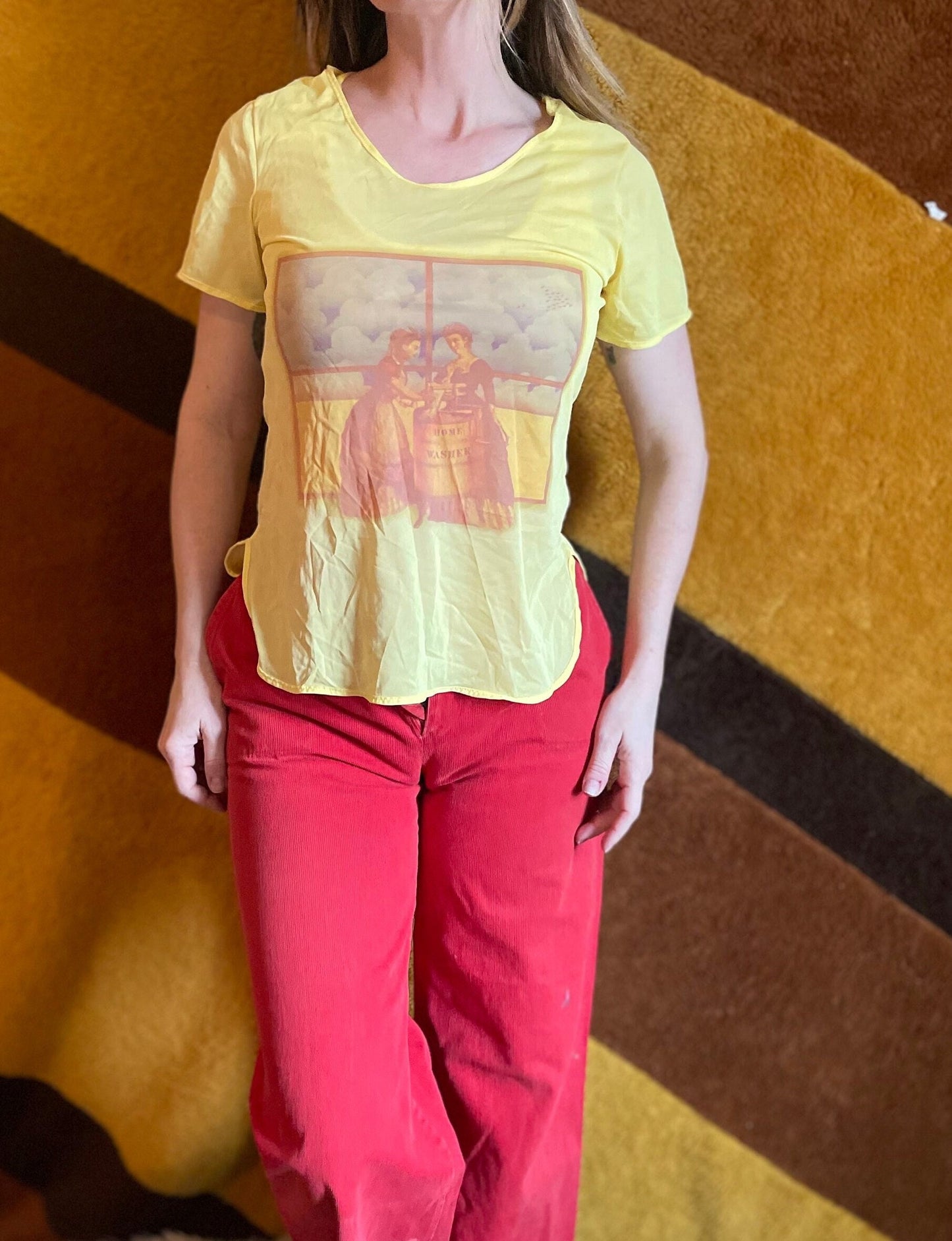 vtg 70s VICTORIAN WOMEN TOP // "home washer" shirt sheer nylon top thin summer pajama shirt rare kitschy graphic photo print aop lingerie