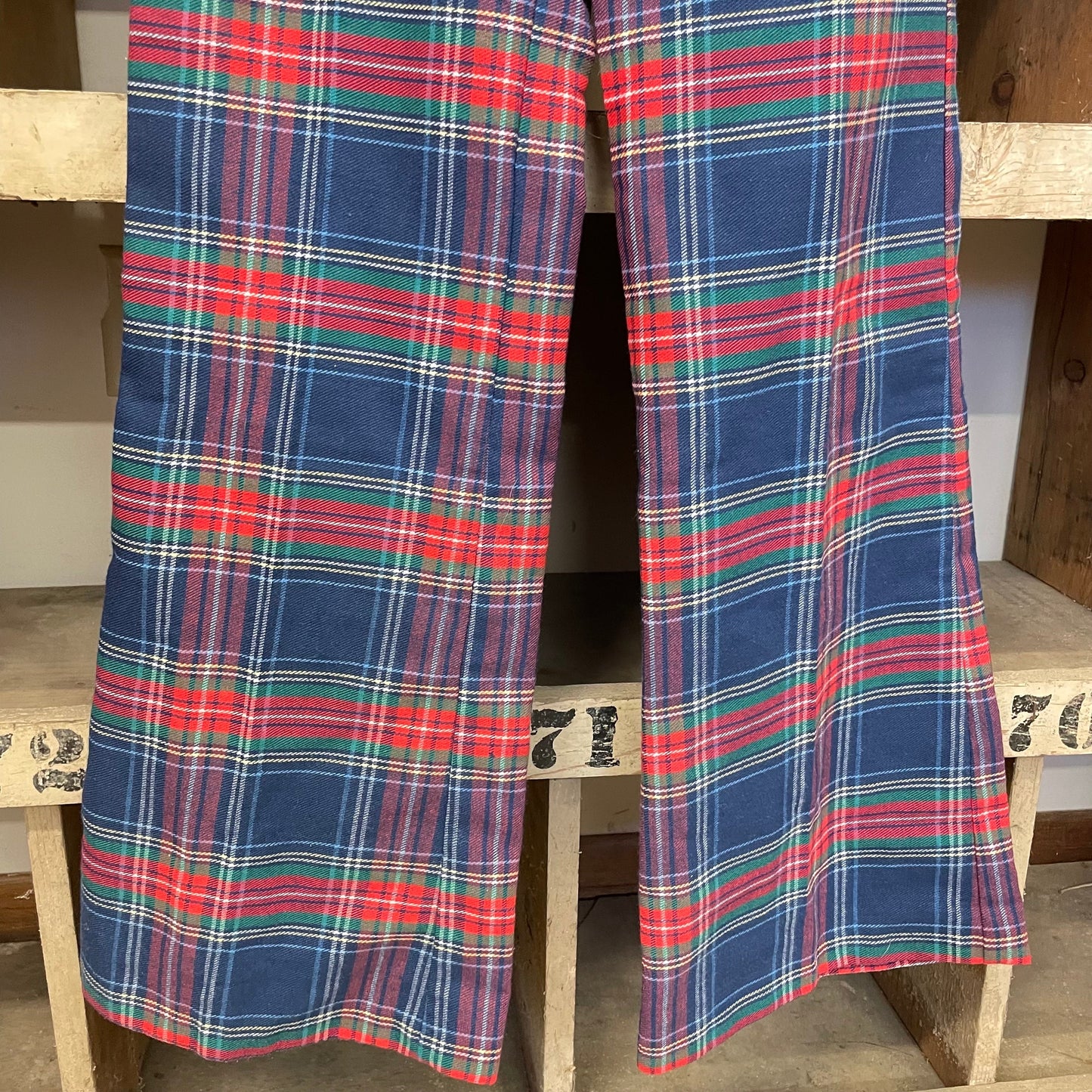 vtg 70s PLAID BELL BOTTOMS // vintage womens pants size 24 blue red plaid high rise hippie bare back mod psychedelic wide leg kick flares