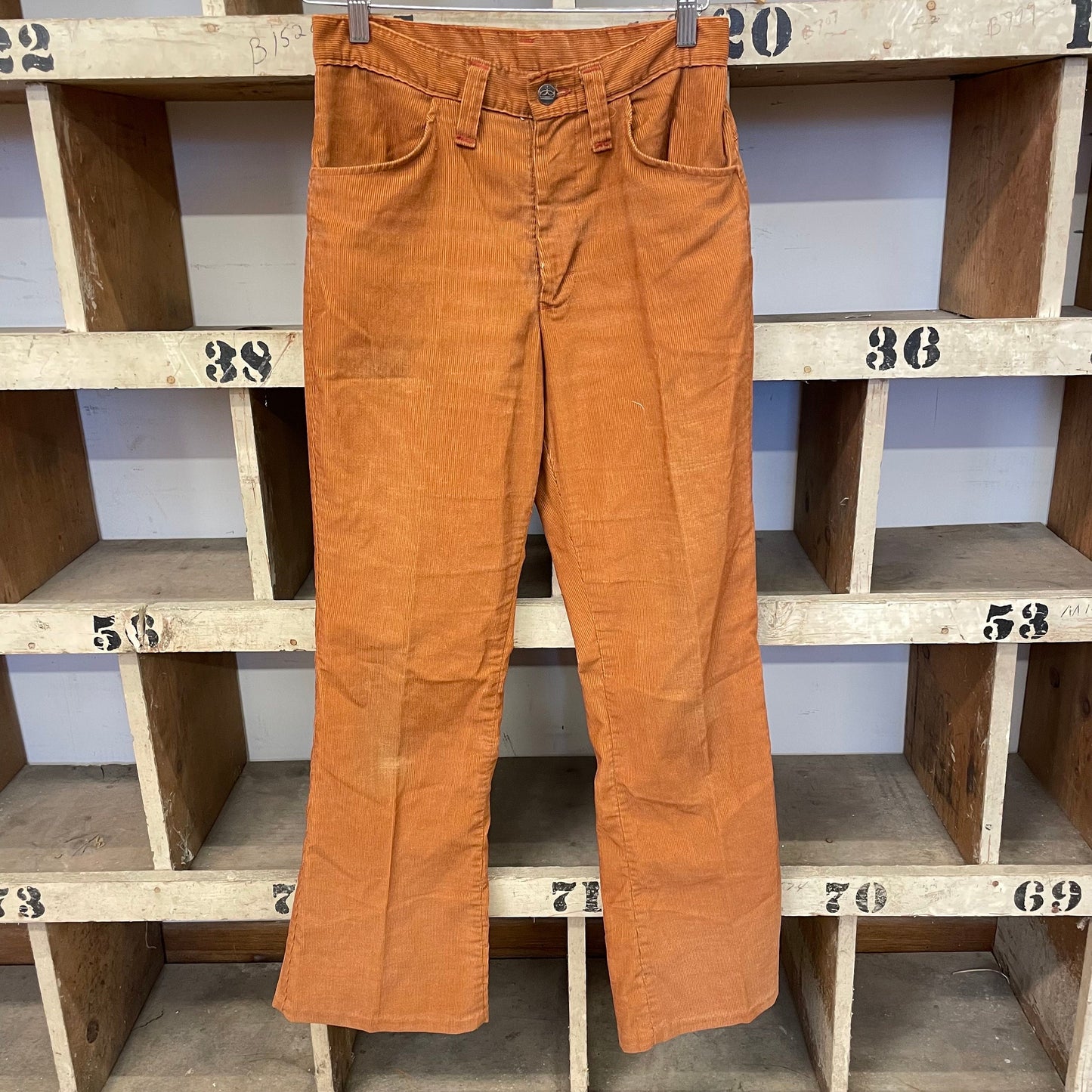 vtg 70s BROWN SEARS CORDUROY pants 27 wasit // distressed kings road mens flare boot cut wide leg hippie grunge jeans cut style rock disco