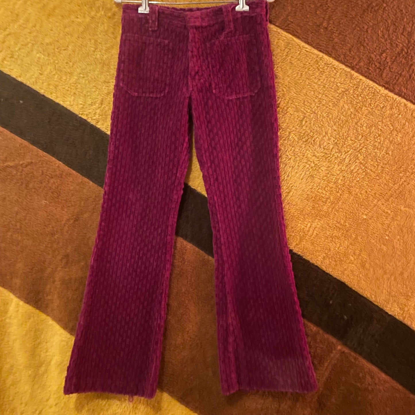 vtg 70s PURPLE CHENILLE PANTS // vintage front pocket flares ribbed textured hip huggers retro hippie mod mid rise velvet glam rock stylist