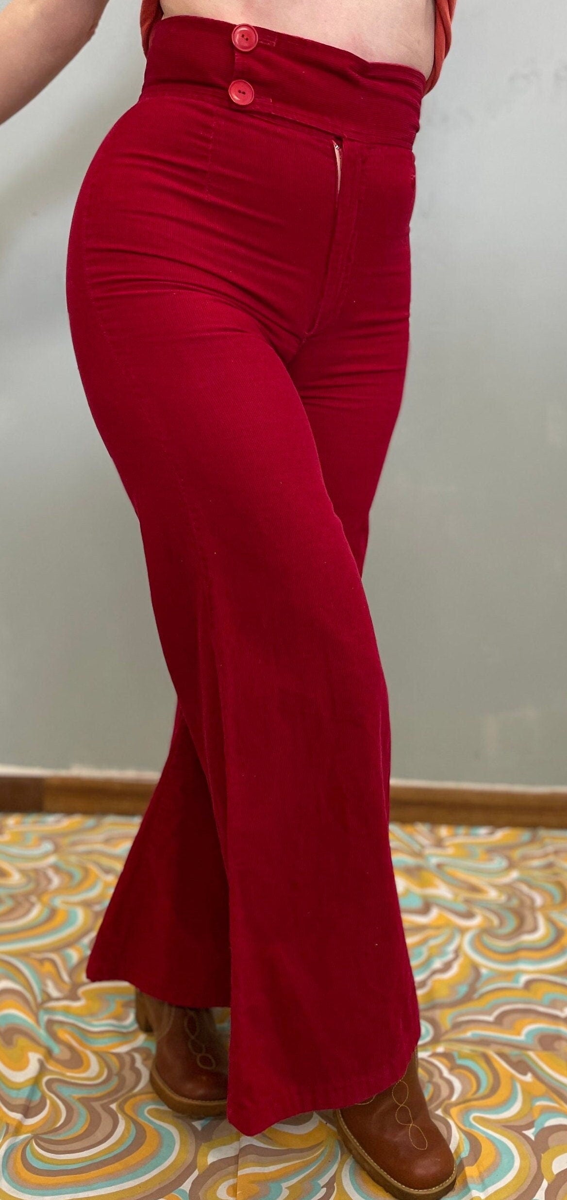 vtg 70s BELLBOTTOMS // super high waisted corduroy bell bottom pants elephant bells mega wide leg slacks red trousers hippie boho autumn fit