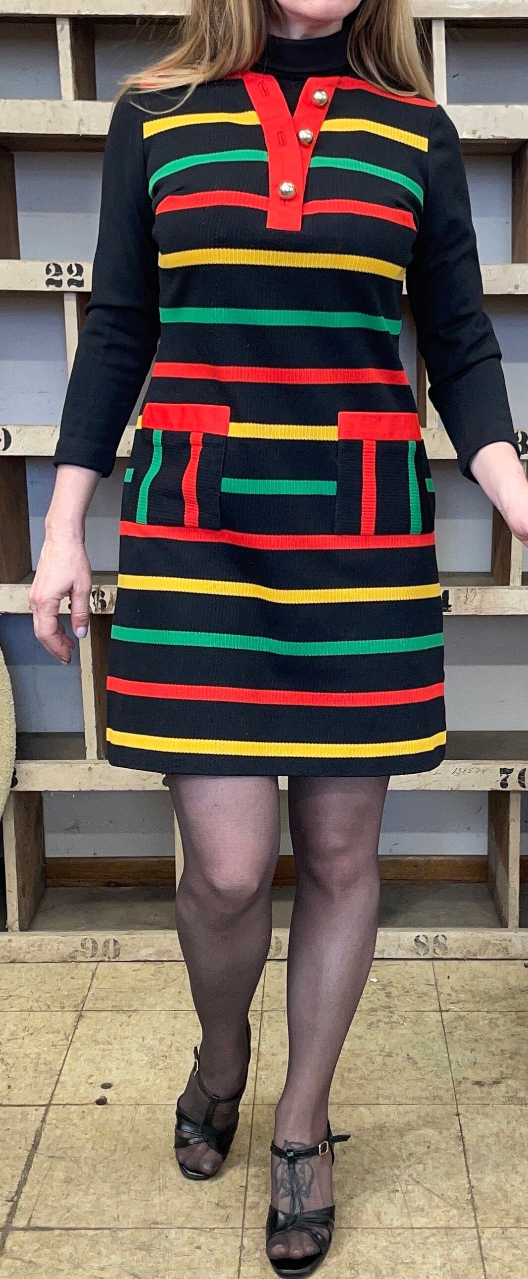 vtg 60s MOD COLOR STRIPE dress // black primary colors striped dress with pockets Ronterri 70s retro bright funky mini dress xray loud print