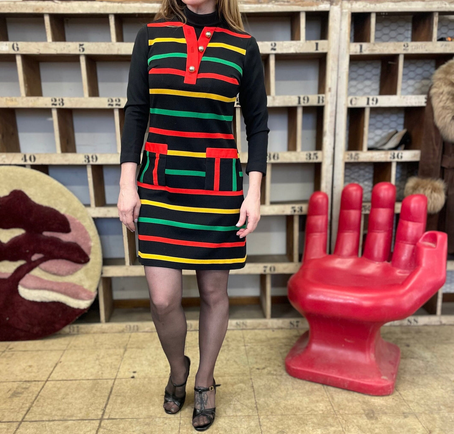 vtg 60s MOD COLOR STRIPE dress // black primary colors striped dress with pockets Ronterri 70s retro bright funky mini dress xray loud print