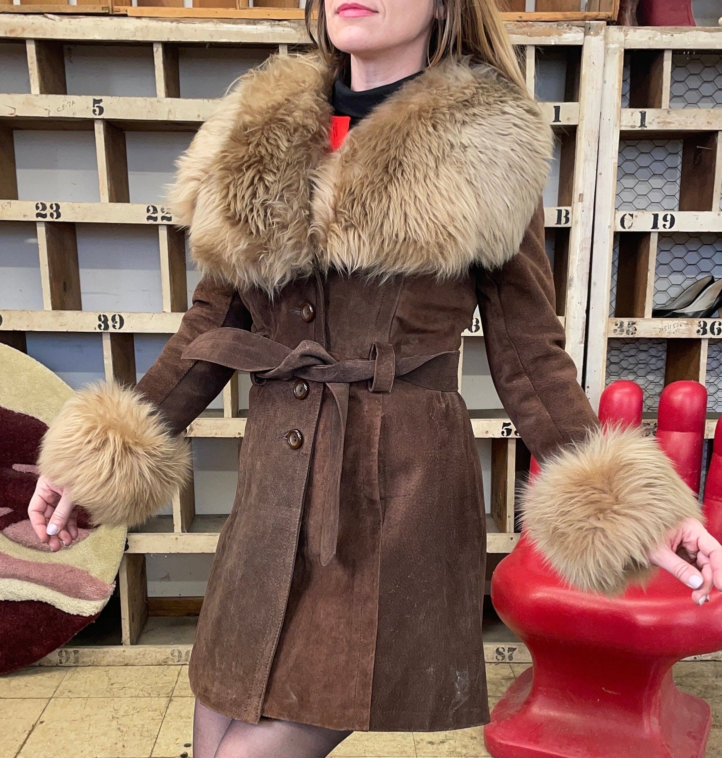 vtg 60s PENNY LANE COAT // vintage oversized collar & cuffs chocolate brown belted suede stroller coat statement piece winter glam fashion