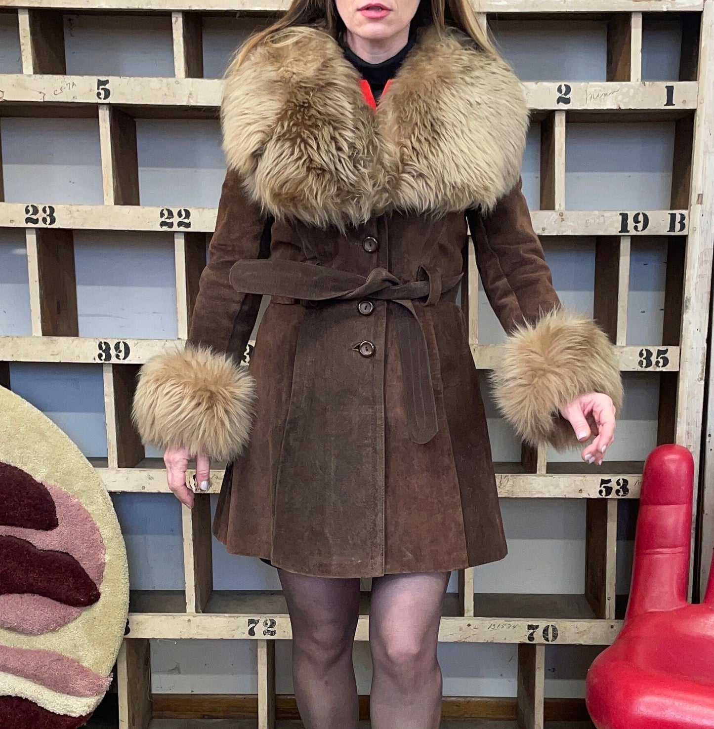 vtg 60s PENNY LANE COAT // vintage oversized collar & cuffs chocolate brown belted suede stroller coat statement piece winter glam fashion