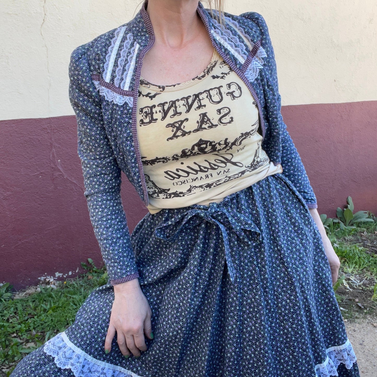 vtg 70s GUNNE SAX DRESS // 2 piece  skirt &  quilted mini jacket set blue purple floral belted prairie style autumn fall back to school boho