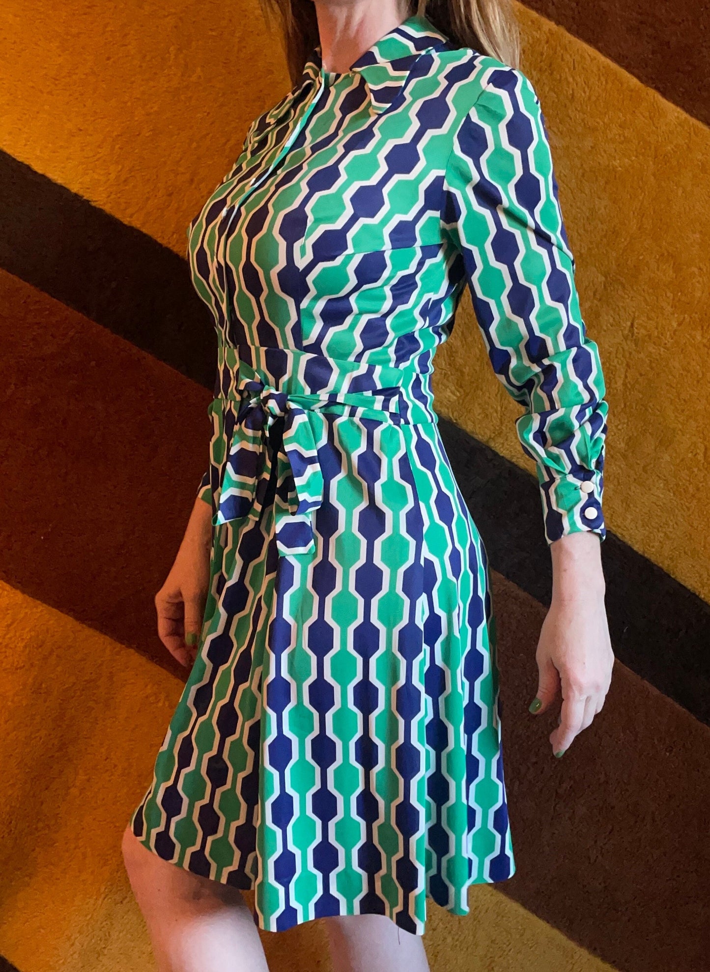 vtg 60s GEOMETRIC WRAP DRESS //  abstract jewel tones green blue hour glass patterned mid century pointy collar mod pop art wrap swing dress